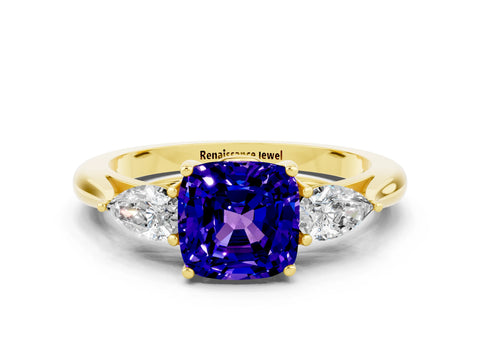 Yellow gold Cushion Cut Tanzanite Three-Stone Ring with Pear Side Stones and Four-Prong Setting_12