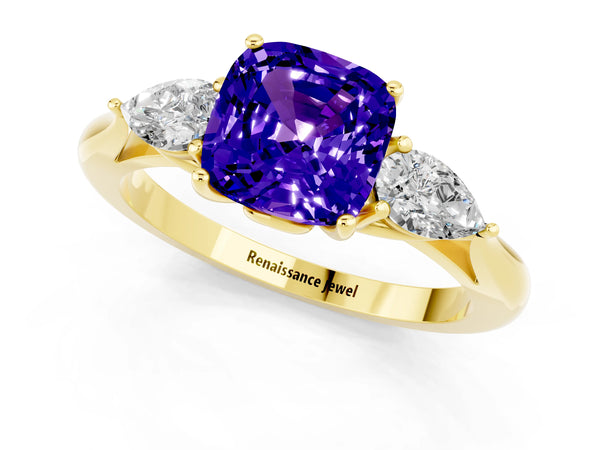 Yellow gold Cushion Cut Tanzanite Three-Stone Ring with Pear  Side Stones and Prong Setting