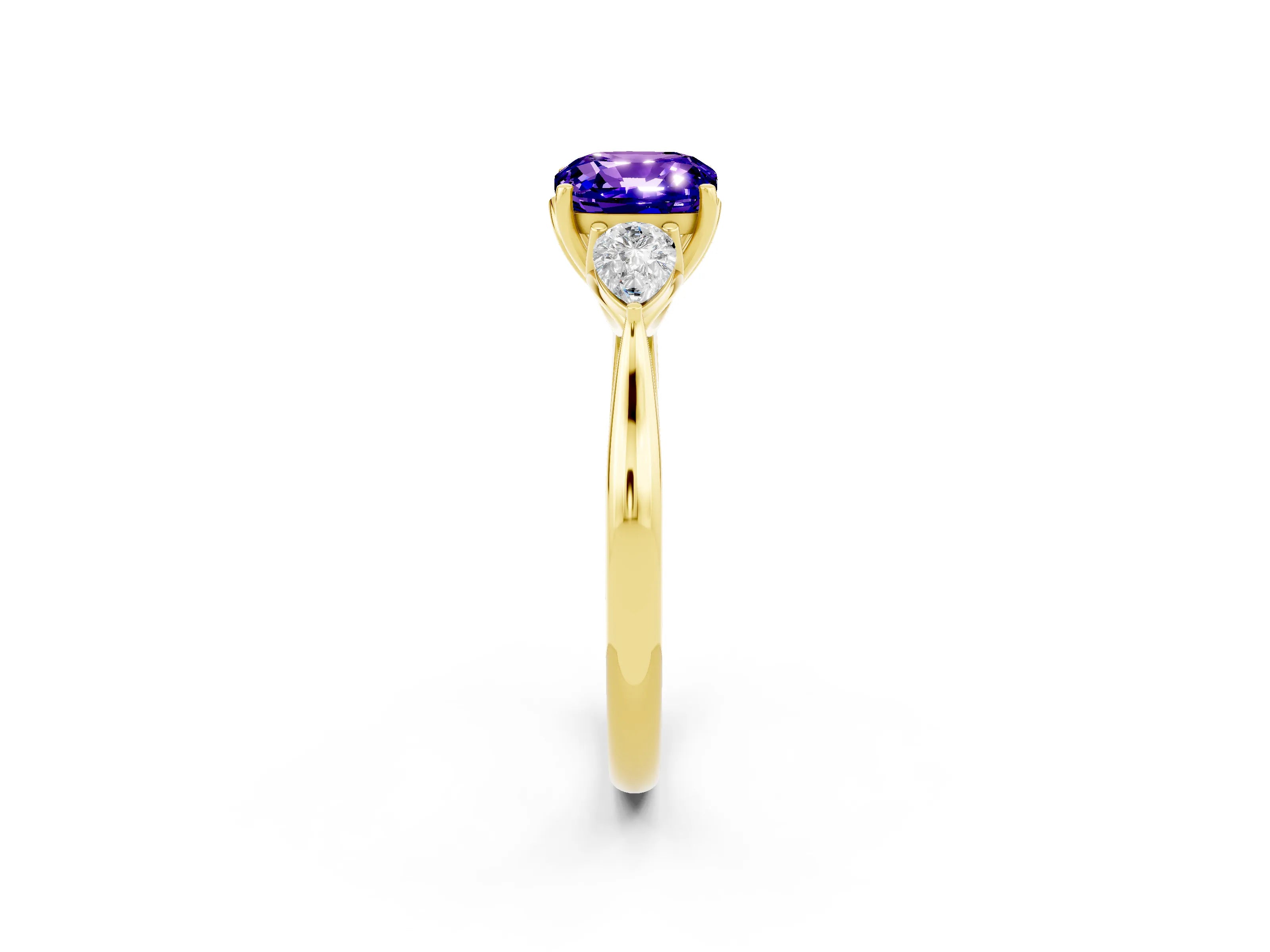 Yellow gold Cushion Cut Tanzanite Three-Stone Ring with Pear Side Stones and Four-Prong Setting_14