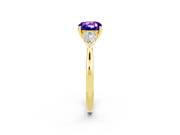 Yellow gold Cushion Cut Tanzanite Three-Stone Ring with Pear  Side Stones and Prong Setting
