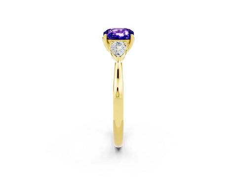 Yellow gold Cushion Cut Tanzanite Three-Stone Ring with Pear Side Stones and Four-Prong Setting_14