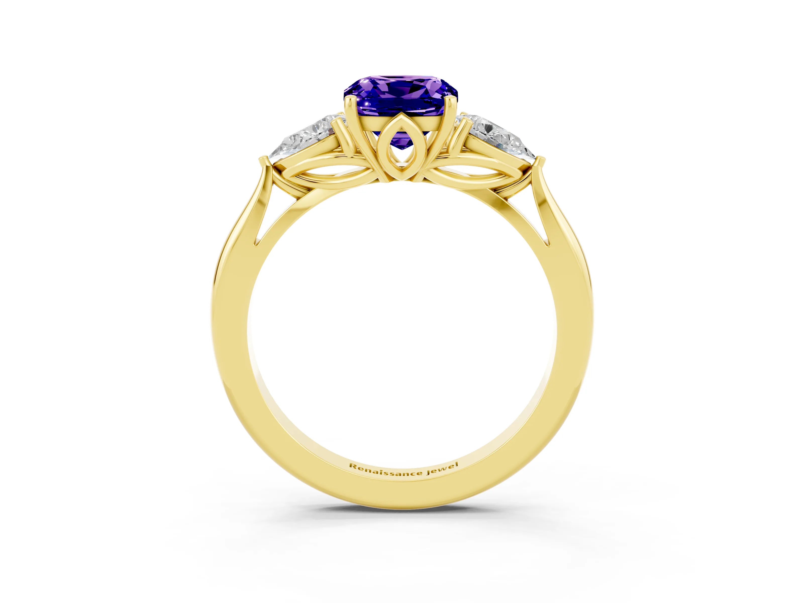 Yellow gold Cushion Cut Tanzanite Three-Stone Ring with Pear Side Stones and Four-Prong Setting_15