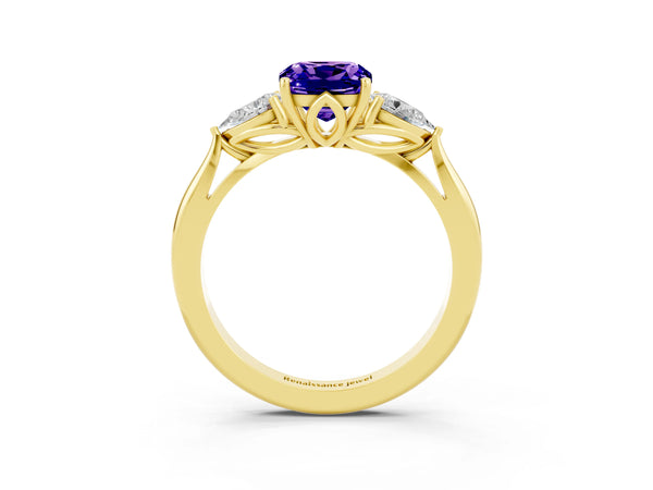 Yellow gold Cushion Cut Tanzanite Three-Stone Ring with Pear  Side Stones and Prong Setting