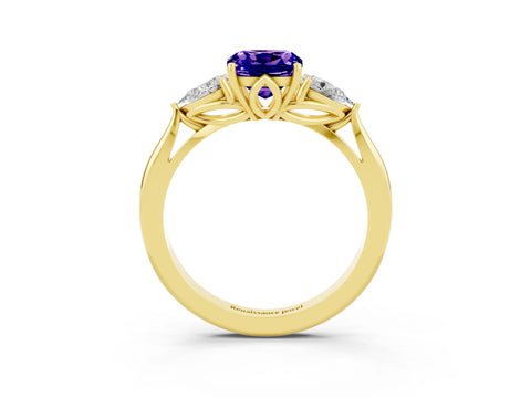 Yellow gold Cushion Cut Tanzanite Three-Stone Ring with Pear Side Stones and Four-Prong Setting_15