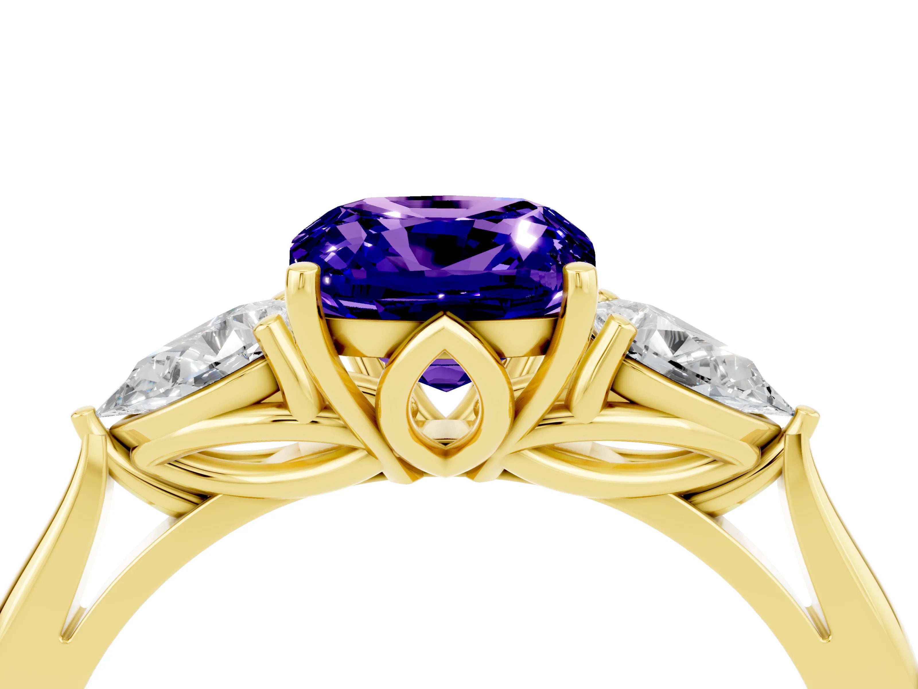 Yellow gold Cushion Cut Tanzanite Three-Stone Ring with Pear Side Stones and Four-Prong Setting_16