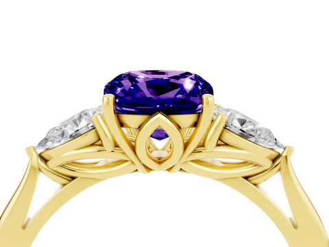 Yellow gold Cushion Cut Tanzanite Three-Stone Ring with Pear Side Stones and Four-Prong Setting_16