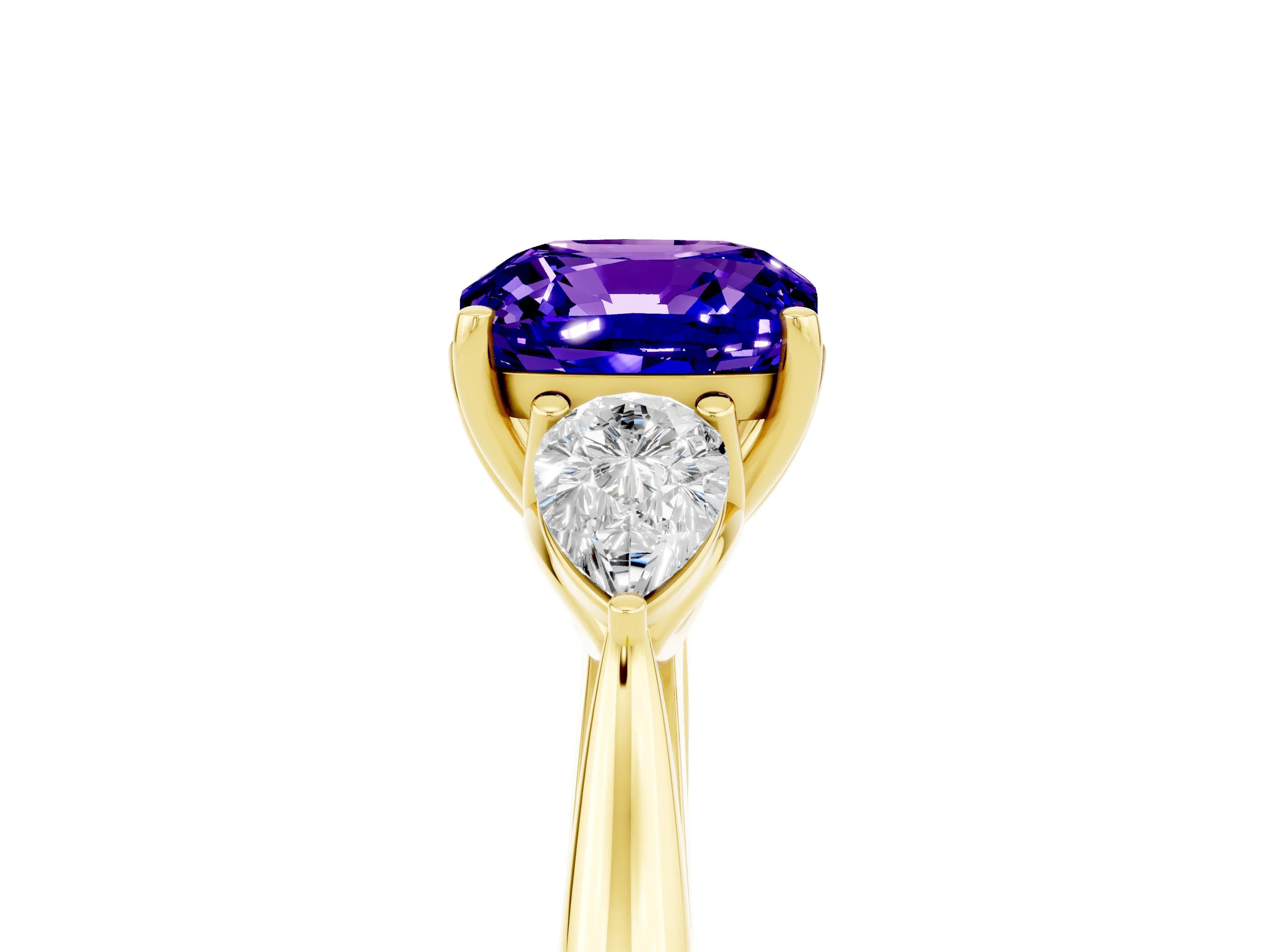 Yellow gold Cushion Cut Tanzanite Three-Stone Ring with Pear Side Stones and Four-Prong Setting_17