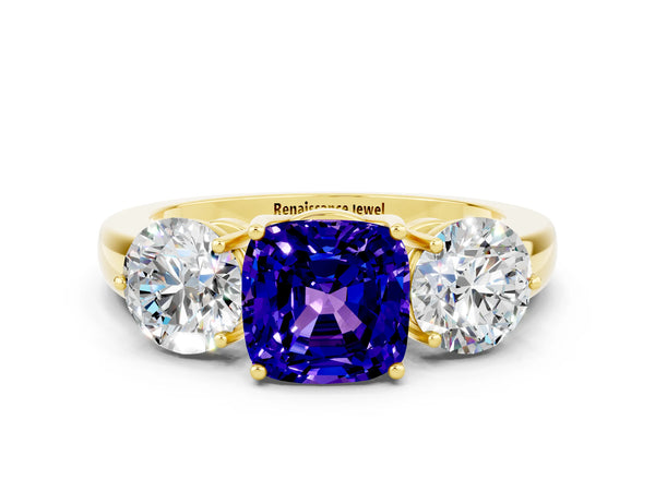 Yellow gold Cushion Cut Tanzanite Three-Stone Ring with Prong Setting and Classic Band