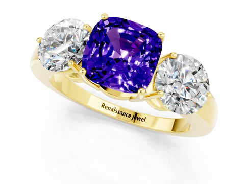 Yellow gold Cushion Cut Tanzanite Three-Stone Ring with Prong Setting and Classic Band_1