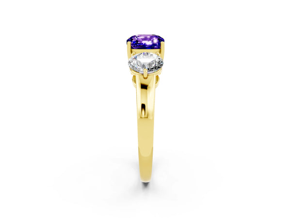 Yellow gold Cushion Cut Tanzanite Three-Stone Ring with Prong Setting and Classic Band