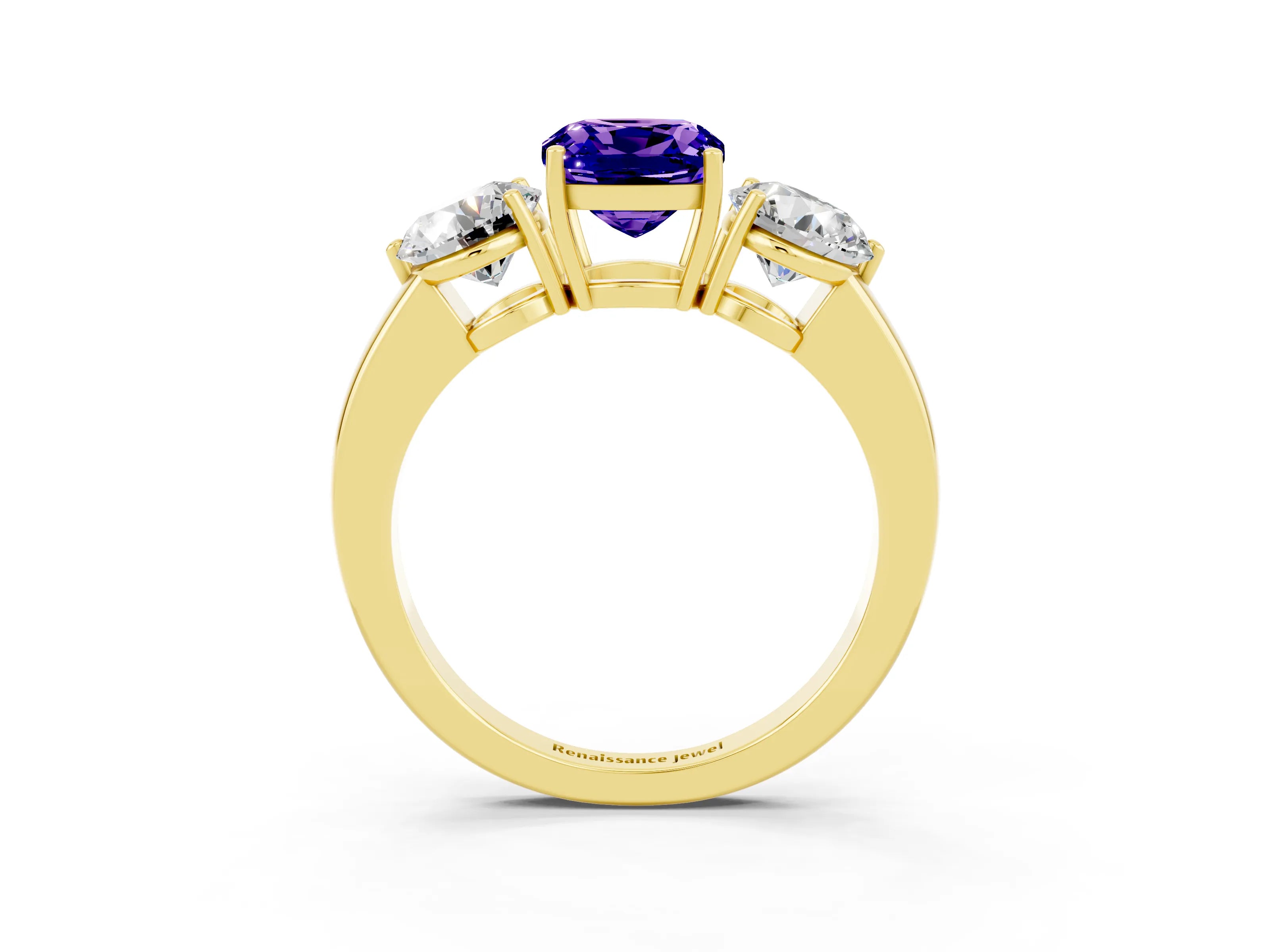 Yellow gold Cushion Cut Tanzanite Three-Stone Ring with Prong Setting and Classic Band_3