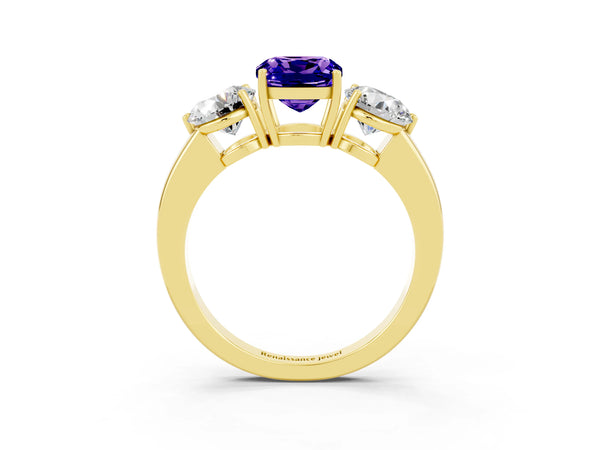 Yellow gold Cushion Cut Tanzanite Three-Stone Ring with Prong Setting and Classic Band