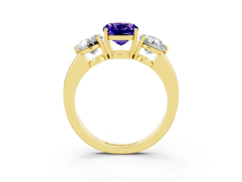 Yellow gold Cushion Cut Tanzanite Three-Stone Ring with Prong Setting and Classic Band_3