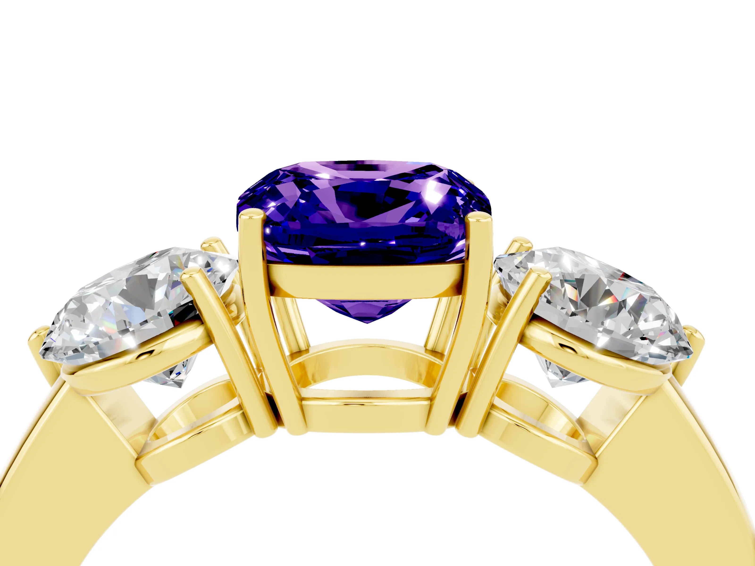 Yellow gold Cushion Cut Tanzanite Three-Stone Ring with Prong Setting and Classic Band_4