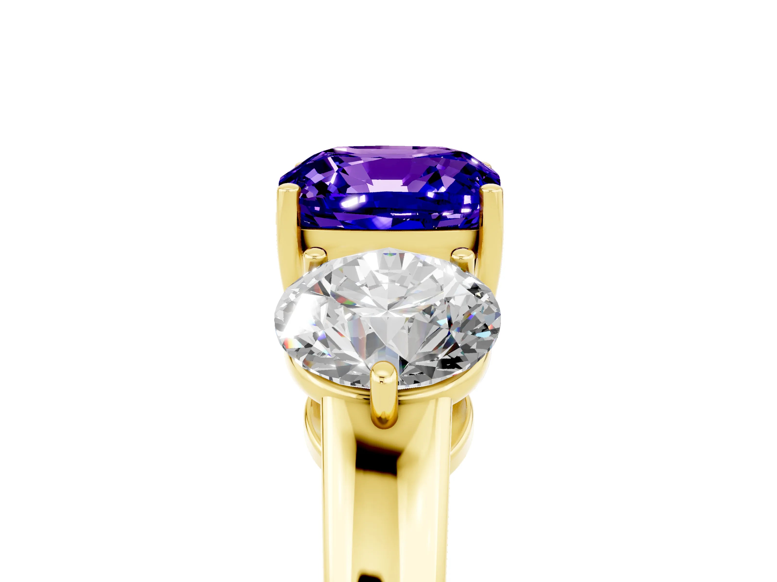 Yellow gold Cushion Cut Tanzanite Three-Stone Ring with Prong Setting and Classic Band_5
