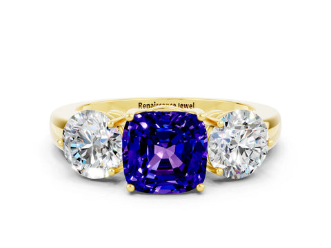 Yellow gold Cushion Cut Tanzanite Three-Stone Ring with Prong Setting and Classic Band