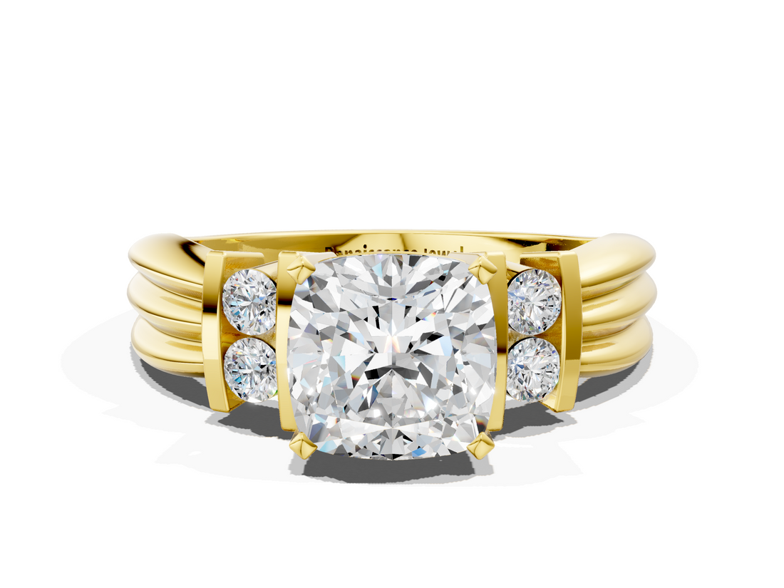 Yellow gold Cushion Cut Three-Stone Channel Set Ring with Bar Prongs_77