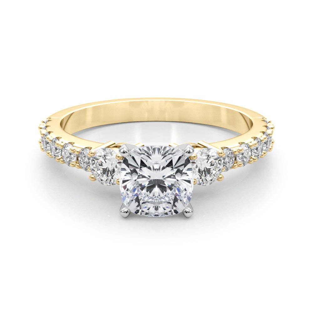 Yellow gold Cushion Cut Three-Stone Diamond Pavé Band with Prong Setting 1