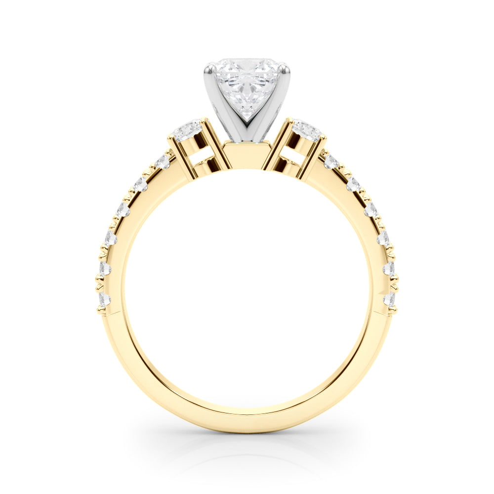 Yellow gold Cushion Cut Three-Stone Diamond Pavé Band with Prong Setting 2