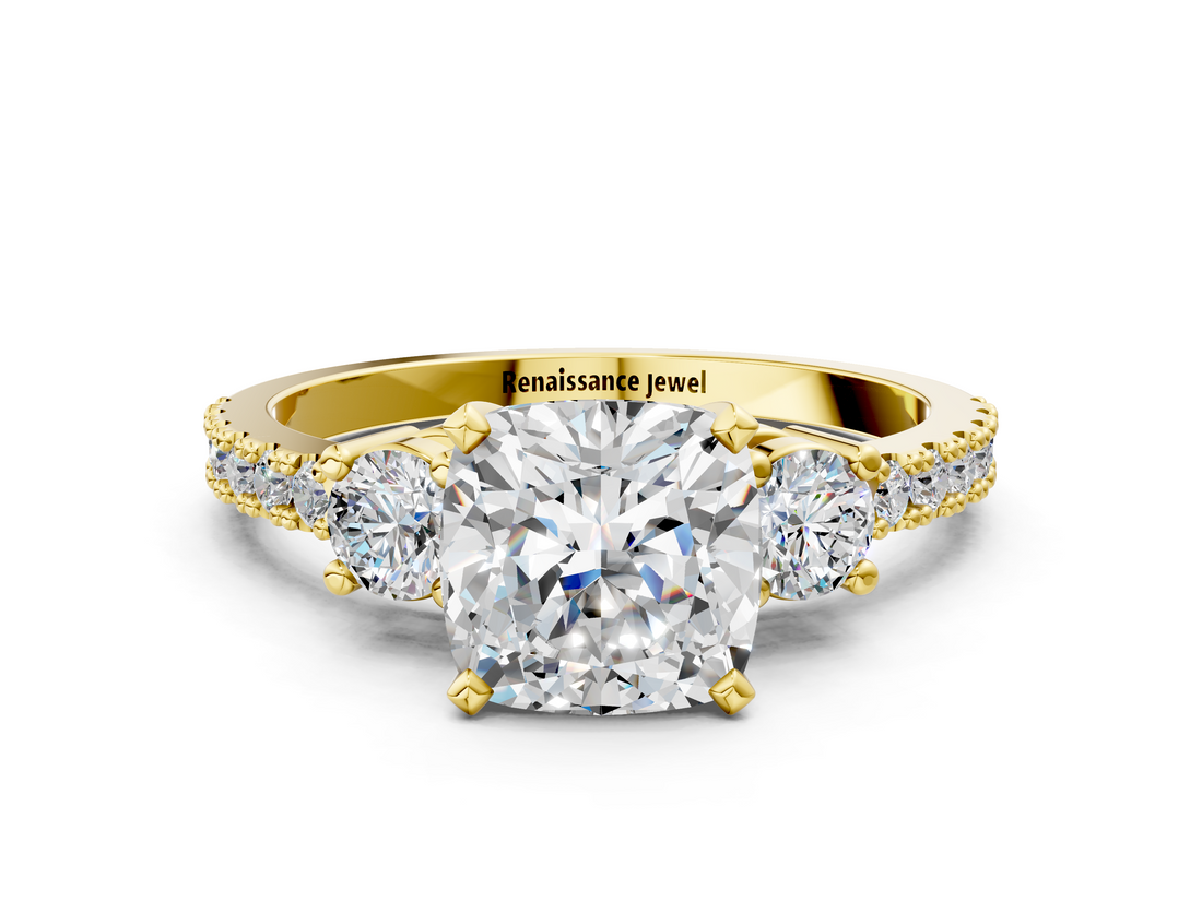 Yellow gold Cushion Cut Three-Stone Diamond Pavé Band with Prong Setting_23