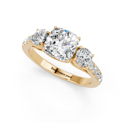 Yellow gold Cushion Cut Three-Stone Diamond Pave Band with Prong Setting_53