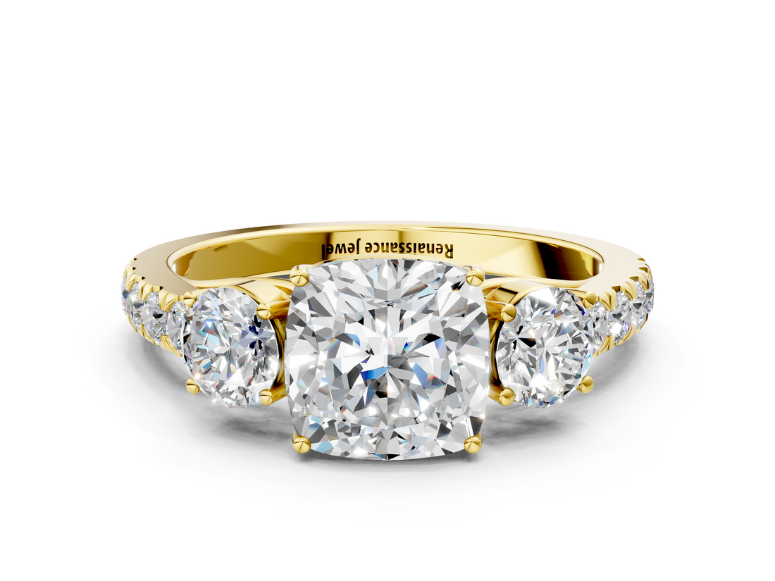 Yellow gold Cushion Cut Three-Stone Diamond Pave Band with Prong Setting_90