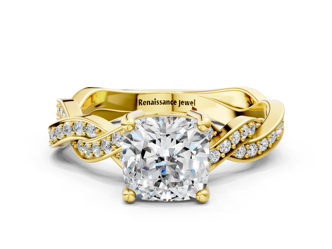 Yellow gold Cushion Cut Twisted Pavé Band Solitaire Ring with Four-Prong Setting_89