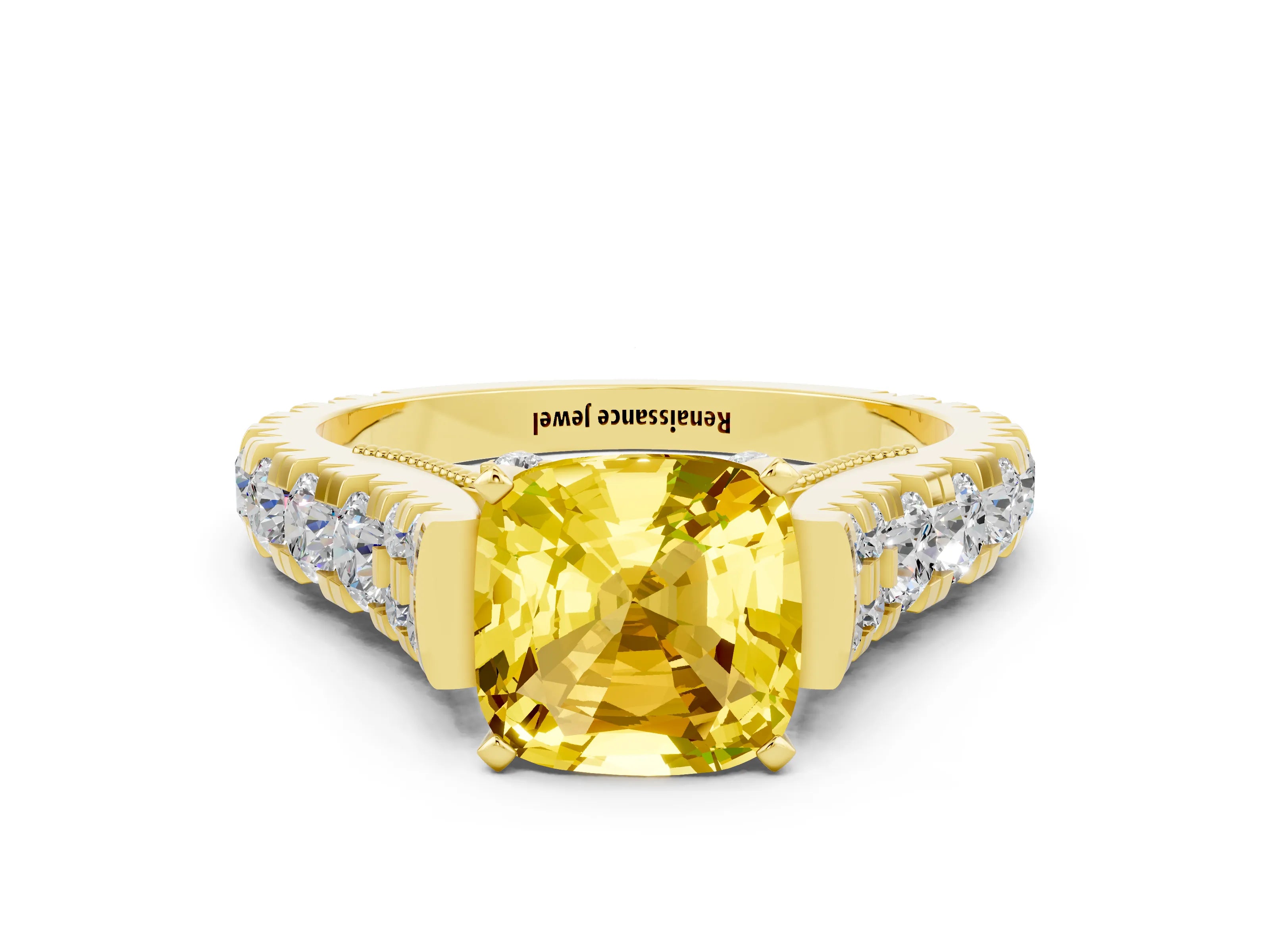 Yellow gold Cushion Cut Yellow Sapphire Classic Solitaire Ring with Pavé Band and Four-Prong Setting_12