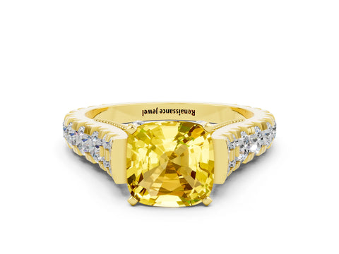 Yellow gold Cushion Cut Yellow Sapphire Classic Solitaire Ring with Pavé Band and Four-Prong Setting_12