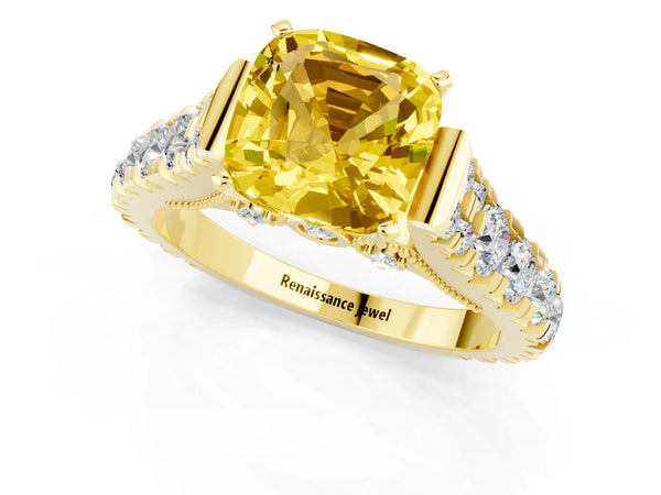 Yellow gold Cushion Cut Yellow Sapphire Classic Solitaire Ring with Pavé Band and Four-Prong Setting