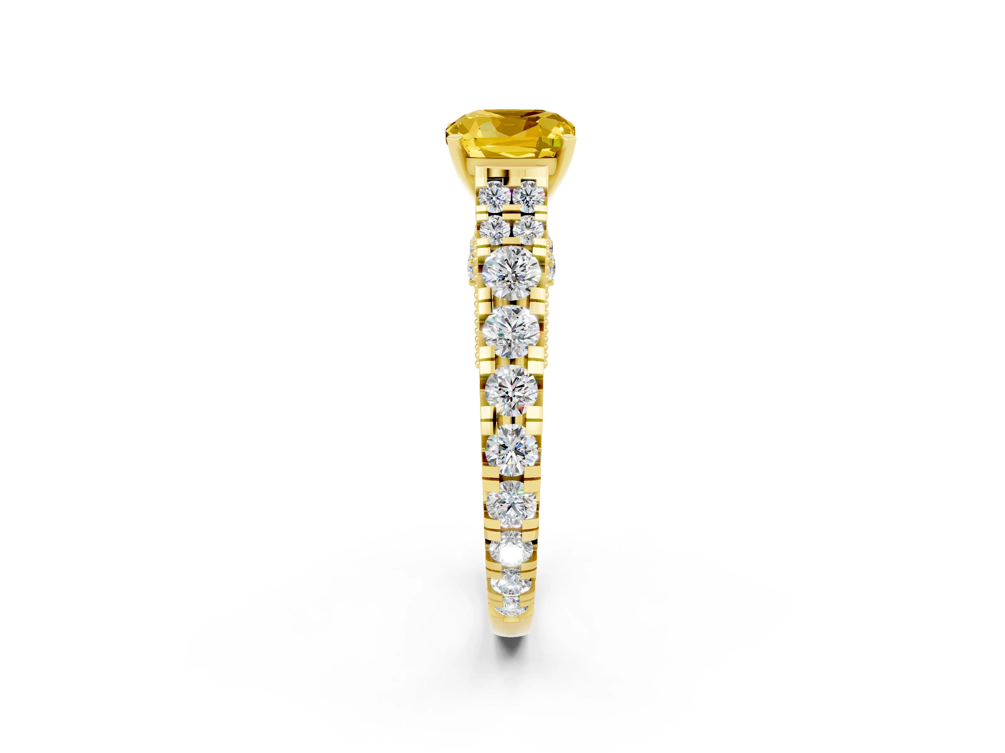 Yellow gold Cushion Cut Yellow Sapphire Classic Solitaire Ring with Pavé Band and Four-Prong Setting_14