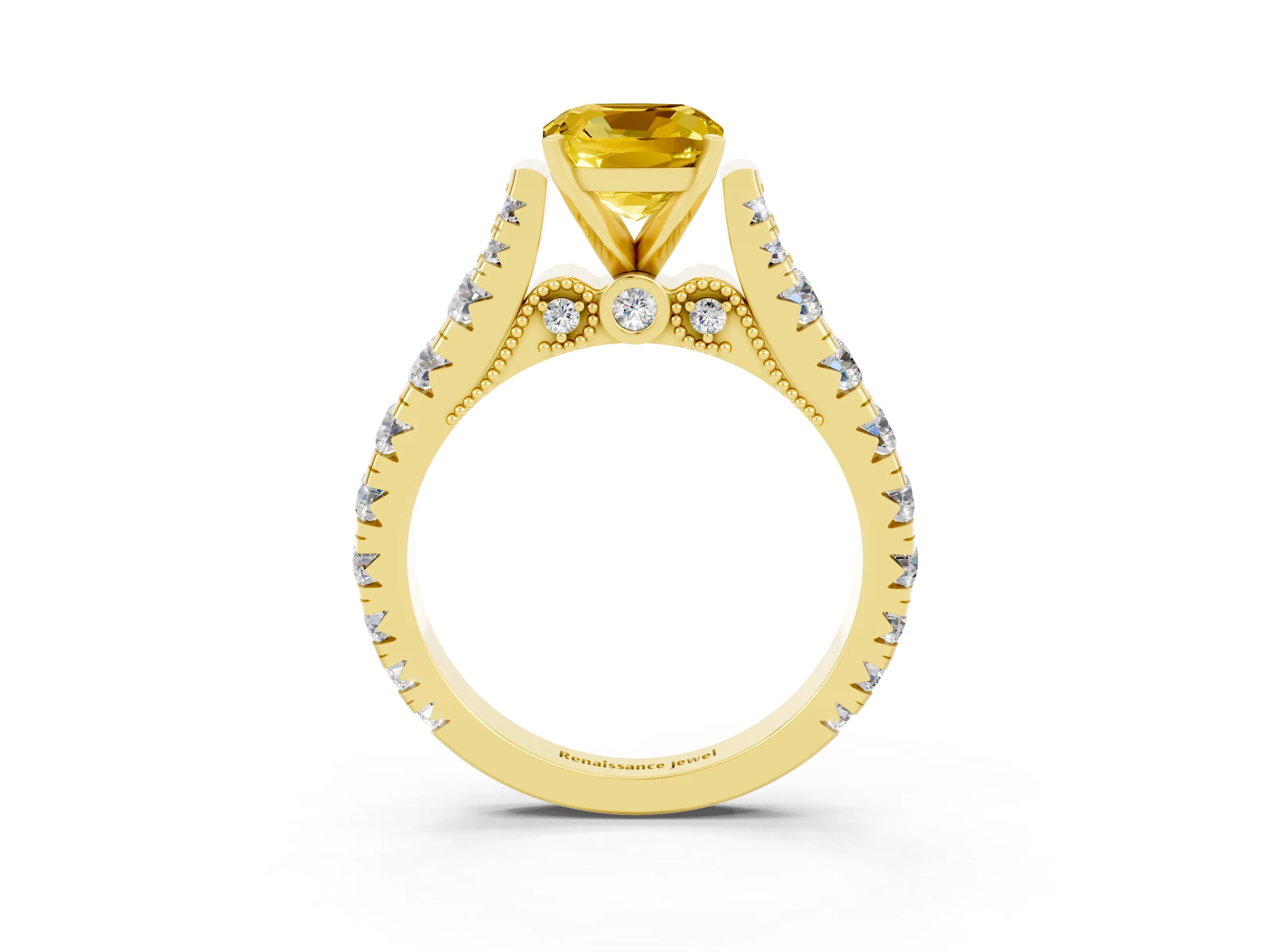 Yellow gold Cushion Cut Yellow Sapphire Classic Solitaire Ring with Pavé Band and Four-Prong Setting_15