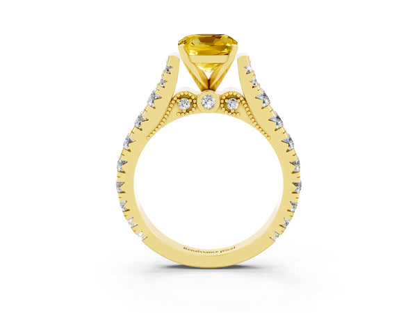 Yellow gold Cushion Cut Yellow Sapphire Classic Solitaire Ring with Pavé Band and Four-Prong Setting