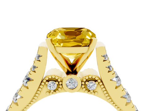 Yellow gold Cushion Cut Yellow Sapphire Classic Solitaire Ring with Pavé Band and Four-Prong Setting_16