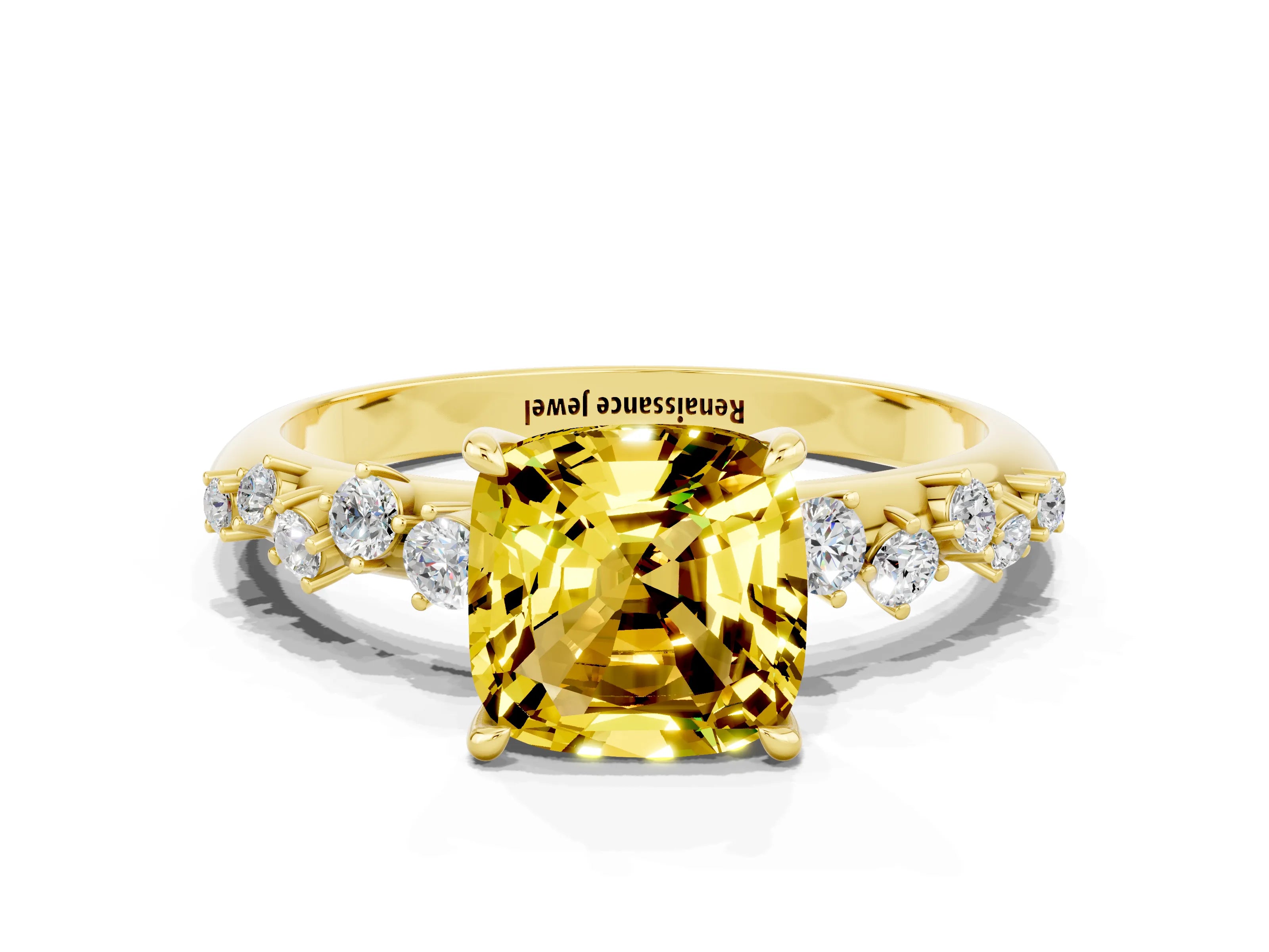 Yellow gold Cushion Cut Yellow Sapphire Cluster Side Stone Solitaire Ring with Prong Setting_48