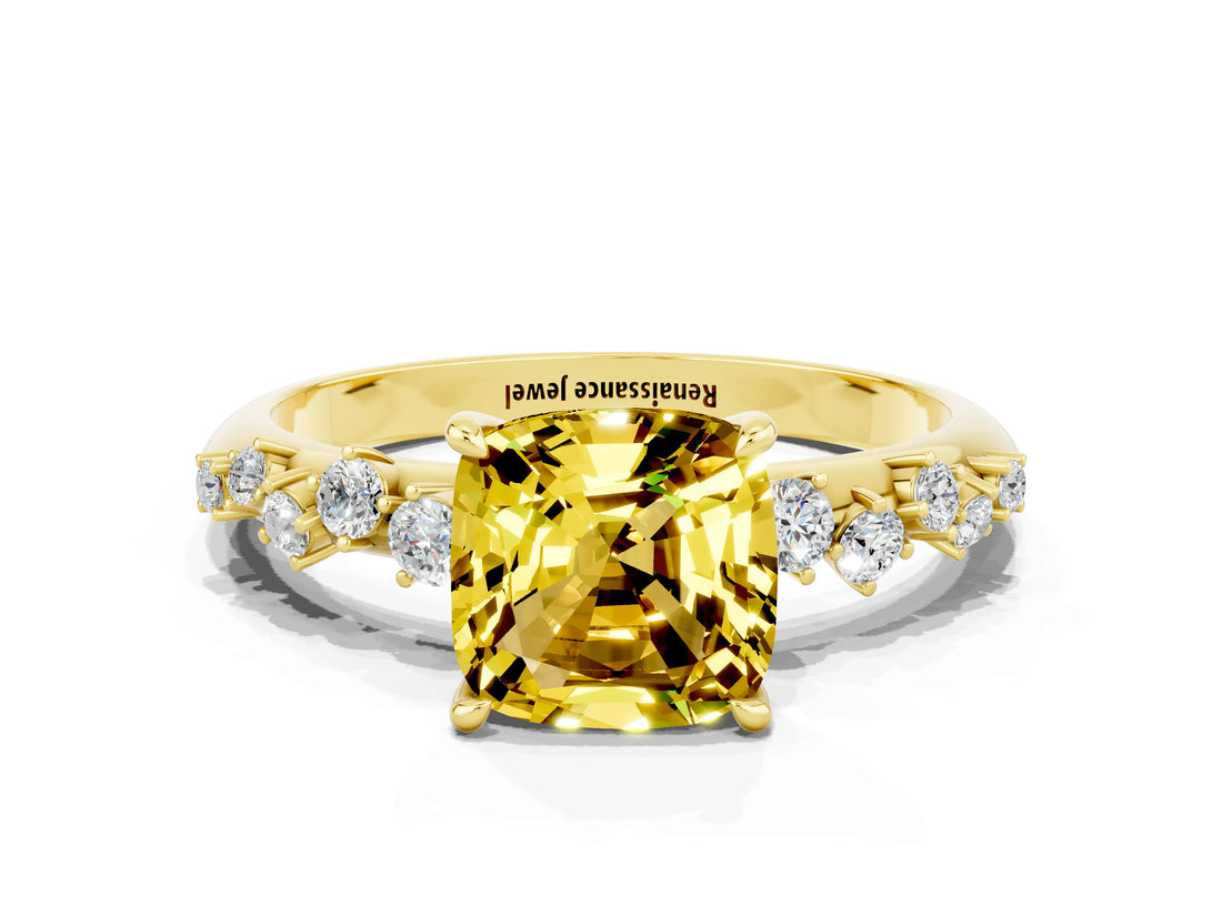 Yellow gold Cushion Cut Yellow Sapphire Cluster Side Stone Solitaire Ring with Prong Setting_48