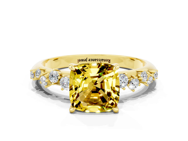 Yellow gold Cushion Cut Yellow Sapphire Cluster Side Stone Solitaire Ring with Prong Setting