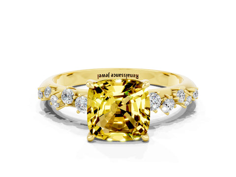 Yellow gold Cushion Cut Yellow Sapphire Cluster Side Stone Solitaire Ring with Prong Setting_48