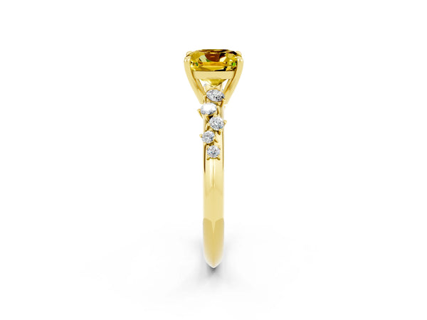 Yellow gold Cushion Cut Yellow Sapphire Cluster Side Stone Solitaire Ring with Prong Setting