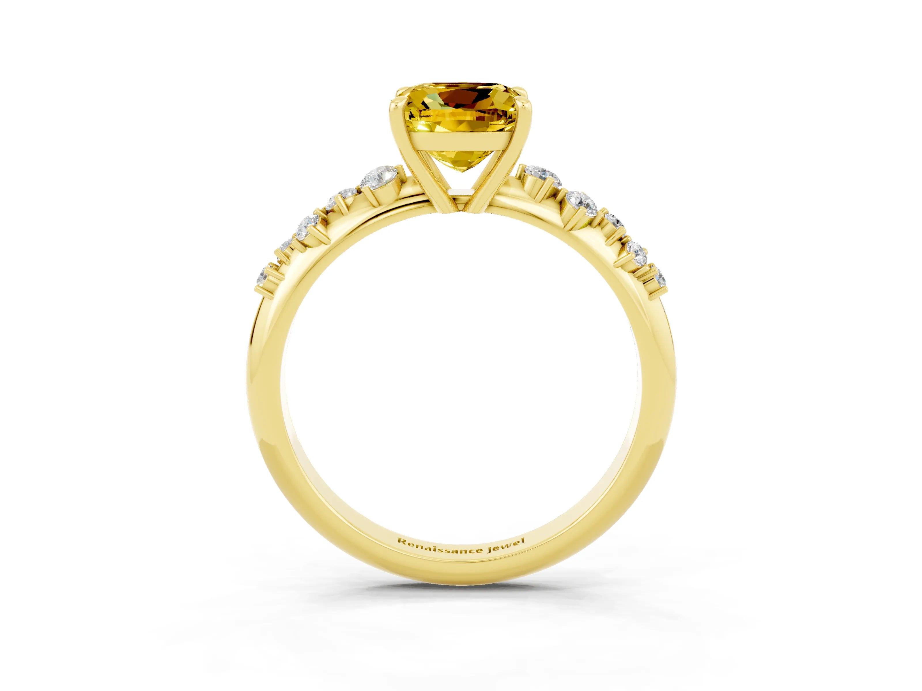 Yellow gold Cushion Cut Yellow Sapphire Cluster Side Stone Solitaire Ring with Prong Setting_51