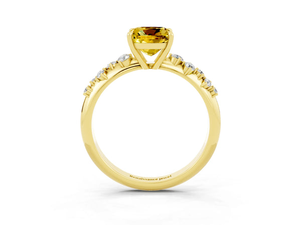 Yellow gold Cushion Cut Yellow Sapphire Cluster Side Stone Solitaire Ring with Prong Setting