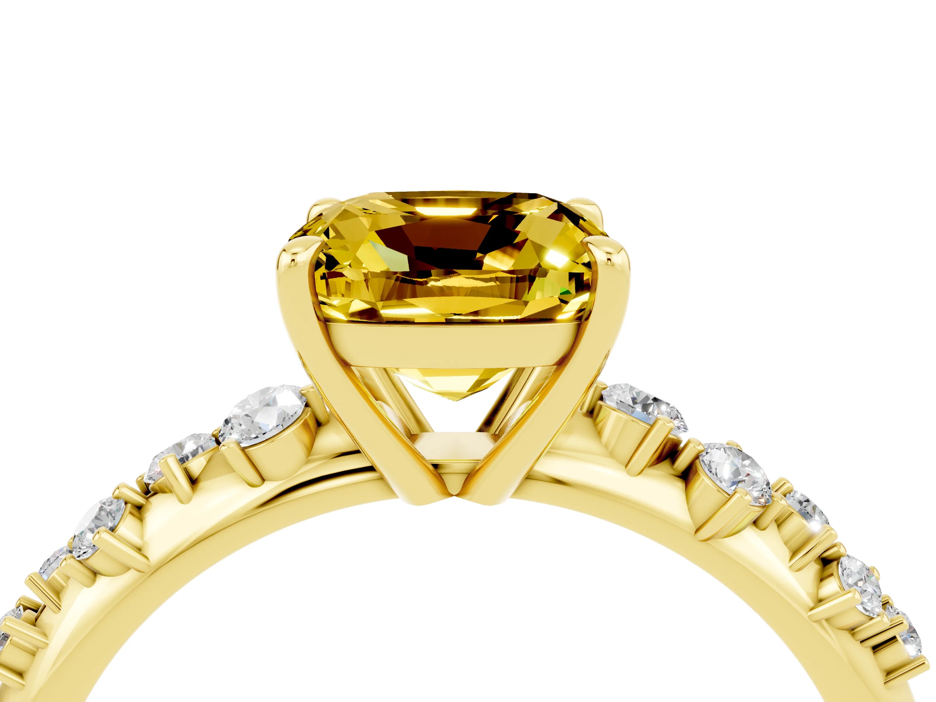 Yellow gold Cushion Cut Yellow Sapphire Cluster Side Stone Solitaire Ring with Prong Setting_52