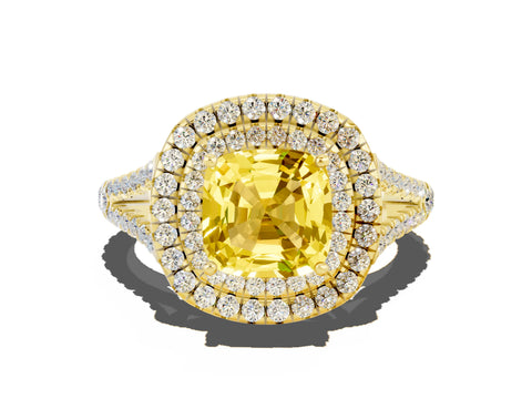 Yellow gold Cushion Cut Yellow Sapphire Double Halo Ring with Pavé Band and Prong Setting_12