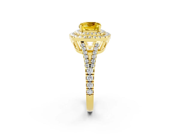 Yellow gold Cushion Cut Yellow Sapphire Double Halo Ring with Pavé Band and Prong Setting