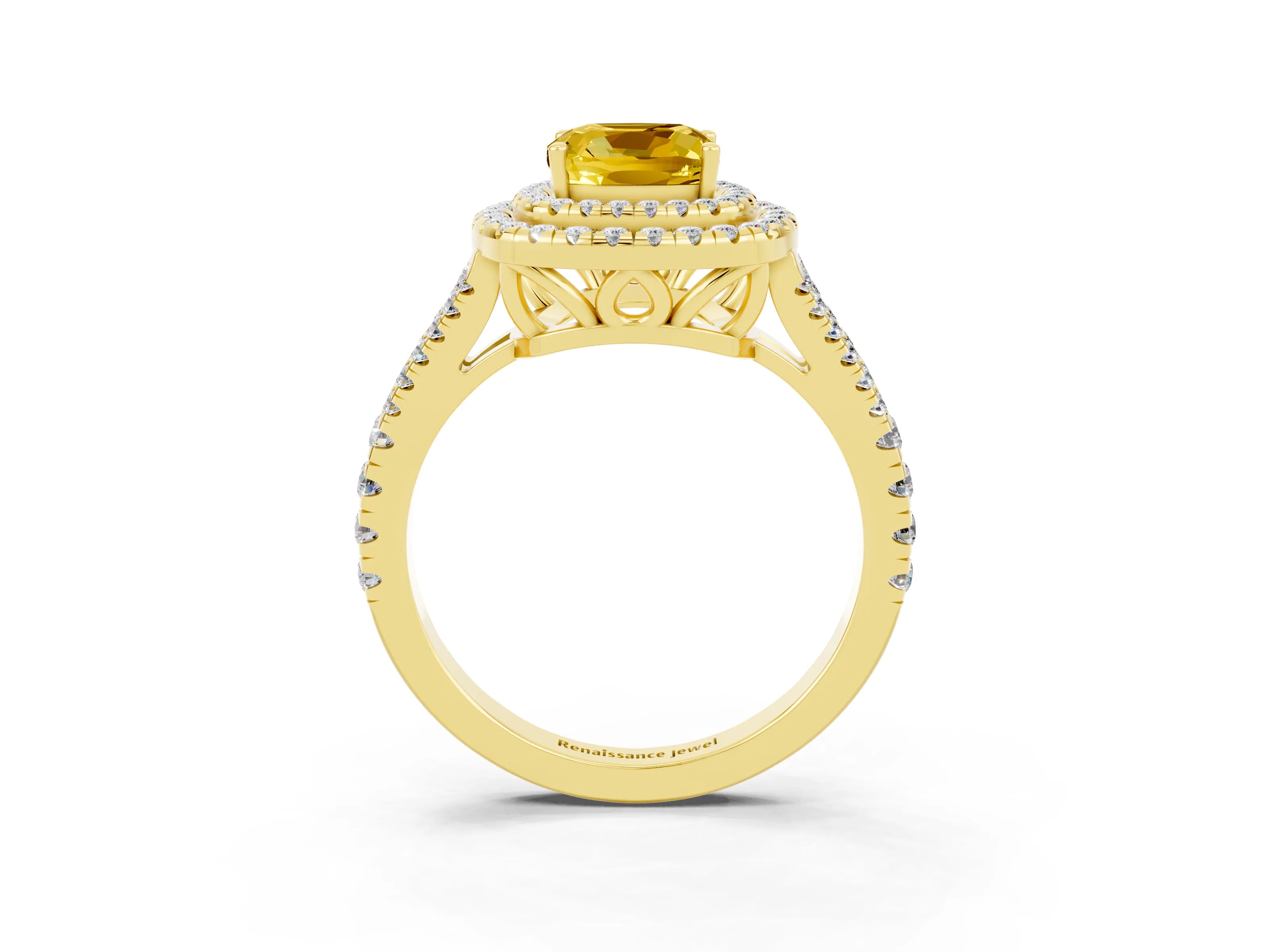 Yellow gold Cushion Cut Yellow Sapphire Double Halo Ring with Pavé Band and Prong Setting_15