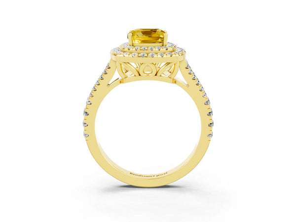 Yellow gold Cushion Cut Yellow Sapphire Double Halo Ring with Pavé Band and Prong Setting
