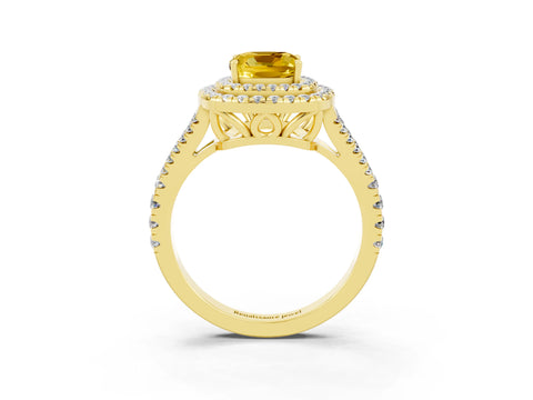 Yellow gold Cushion Cut Yellow Sapphire Double Halo Ring with Pavé Band and Prong Setting_15