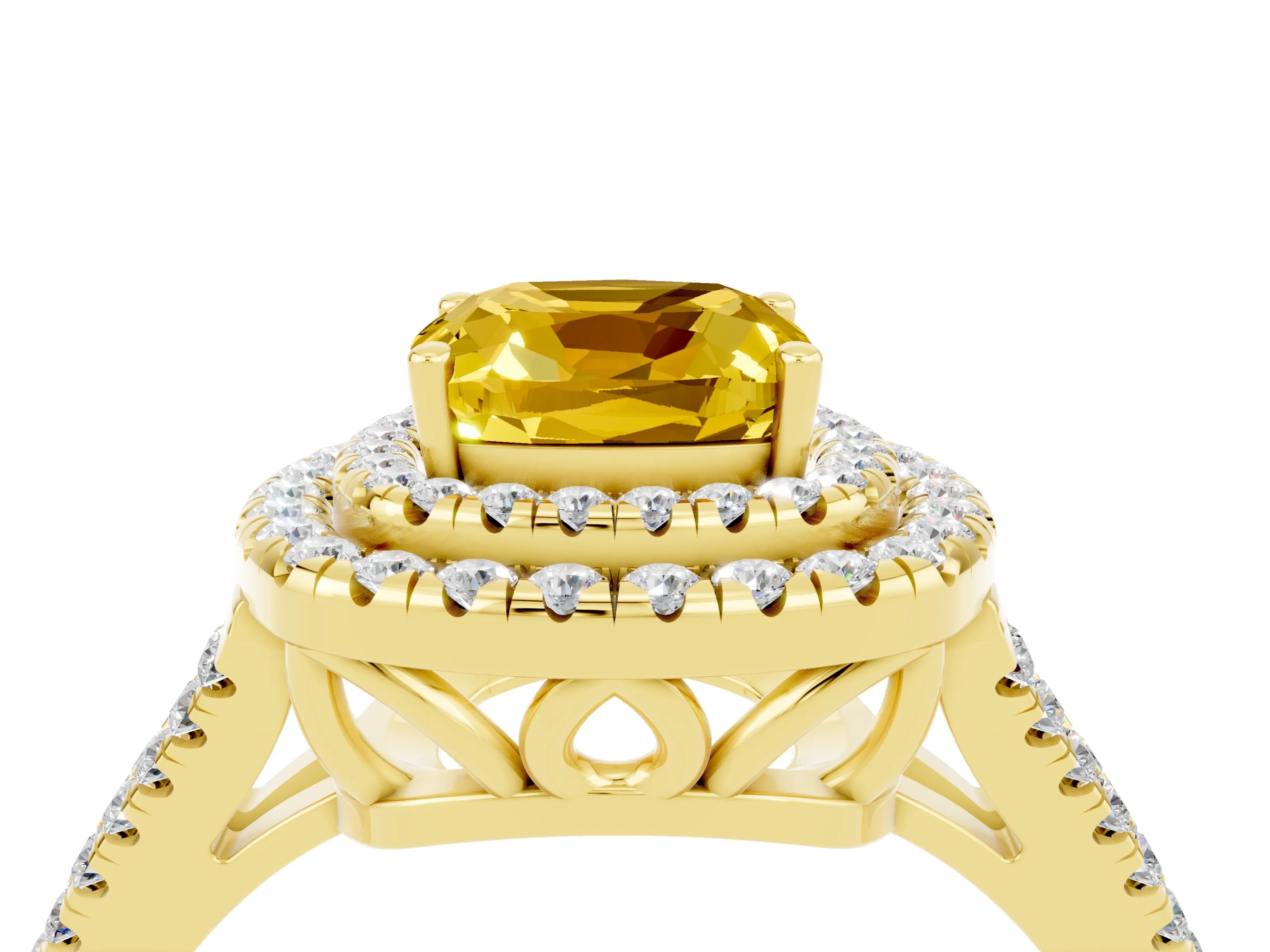 Yellow gold Cushion Cut Yellow Sapphire Double Halo Ring with Pavé Band and Prong Setting_16
