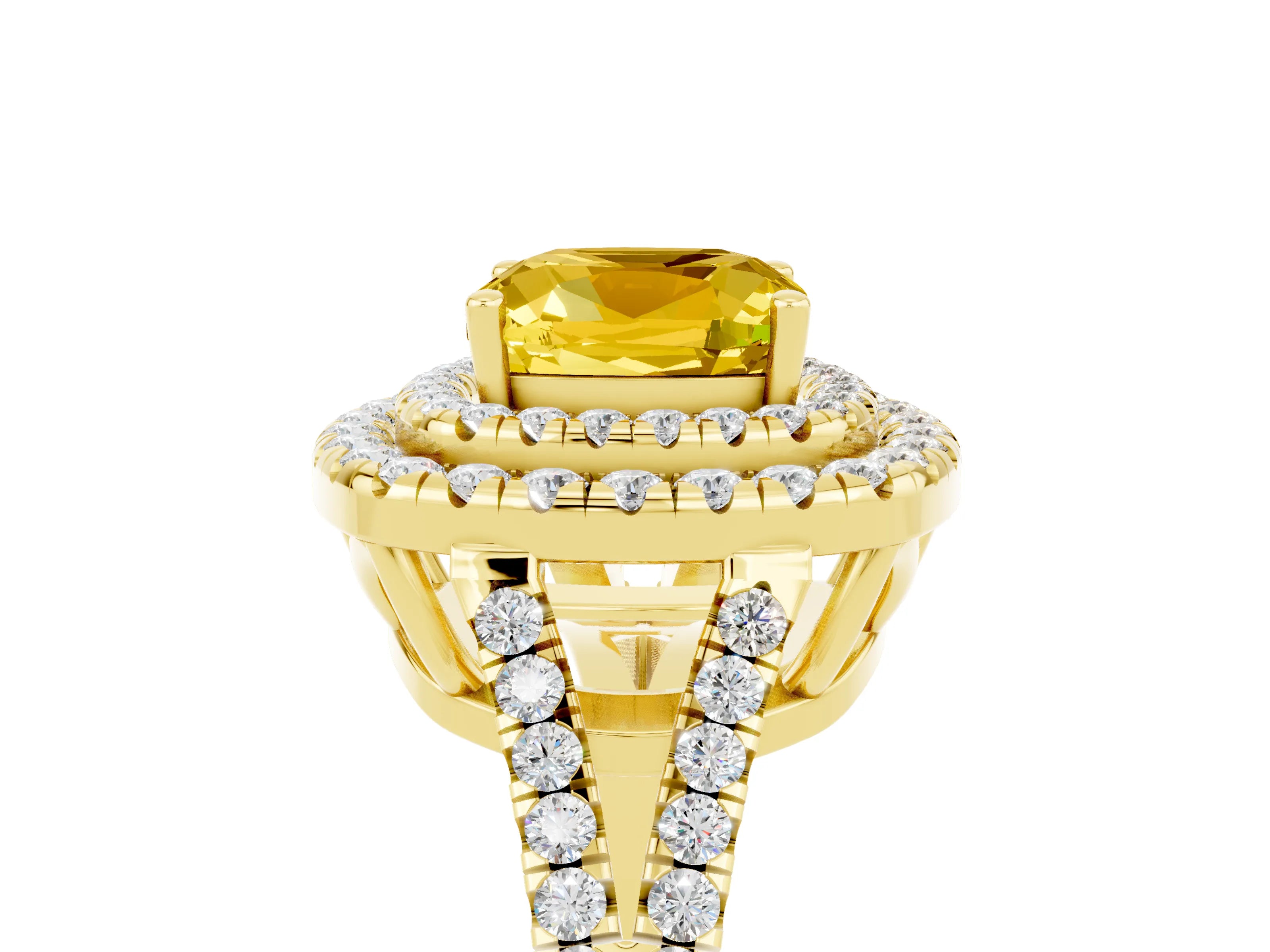 Yellow gold Cushion Cut Yellow Sapphire Double Halo Ring with Pavé Band and Prong Setting_17