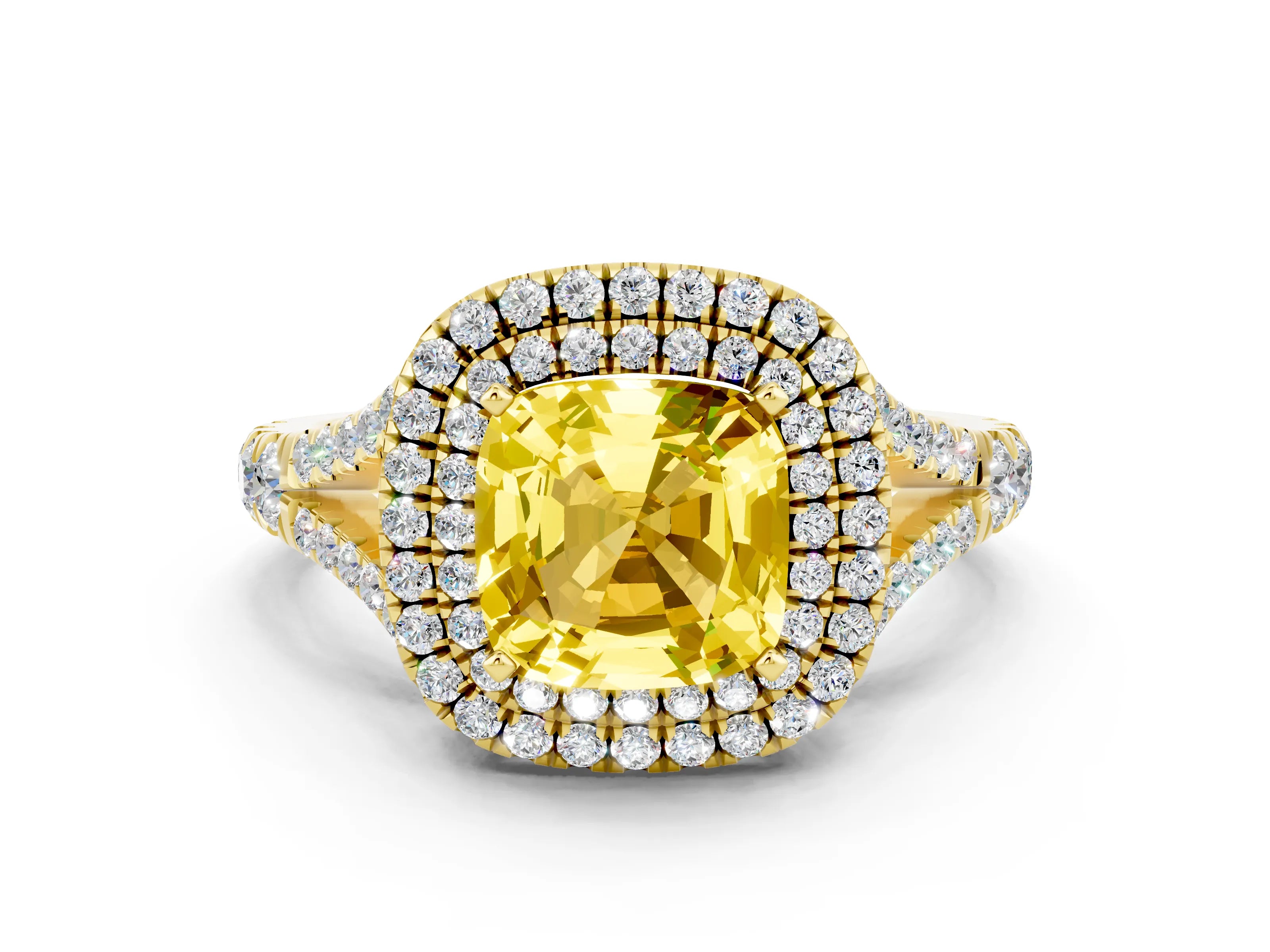 Yellow gold Cushion Cut Yellow Sapphire Double Halo Ring with Split Shank and Prong Setting_12